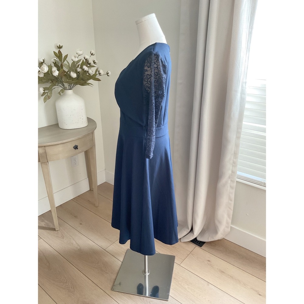 Miusol Womens Navy Blue Lace 3/4 Sleeve Fit and Flare Cocktail Dress Size L - Picture 3 of 11